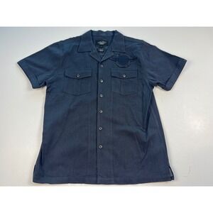 Harley Davidson Mens Blue Pinstripe Short Sleeve Button Up Shirt Patch Logo Lg